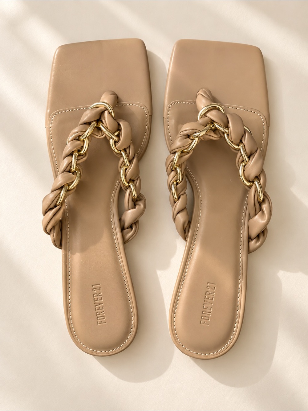 Forever 21 Beige Braided Chain Square-Toe Slide Sandals